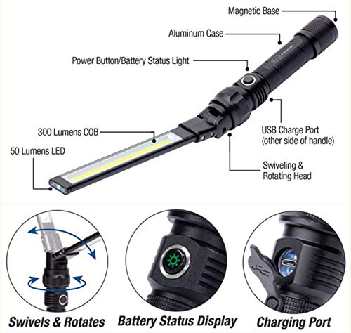 NextLED NT-7543 Foldable Rechargeable LED Work Light, COB LED Slim Work Light with Magnetic Base. Ultra Bright Flashlight, Cast Aluminum, Mechanics, Car Repair, Outdoor, Camping, Emergency, Garage - style: 350 Lumen Single Sided