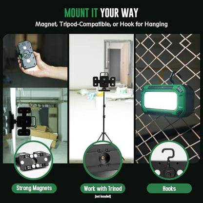 50W 5000LM Rechargeable Work Light, 3-in-1 Magnetic Work Light with Detachable 2 Floodlights, 9 Modes, Foldable&360° Rotatable IP65 Portable LED Worklight with Hooks for Jobsite Garage Car Repairing
