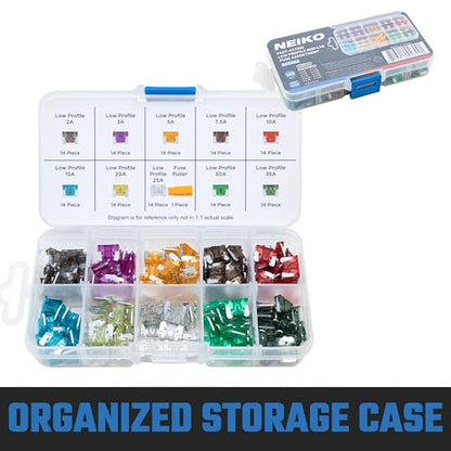 NEIKO 50506A Low Profile Mini Car Fuses Assortment Set, 140pc, Fast Acting, Auto Fuses Kit, Micro Sizes, 2A, 3A, 5A, 7.5A, 10A, 15A, 20A, 25A, 30A, & 35 Amp, Marine Boat, RV, Car Fuse Kit, Fuse Puller - style: Low Profile Mini Car Fuse Set