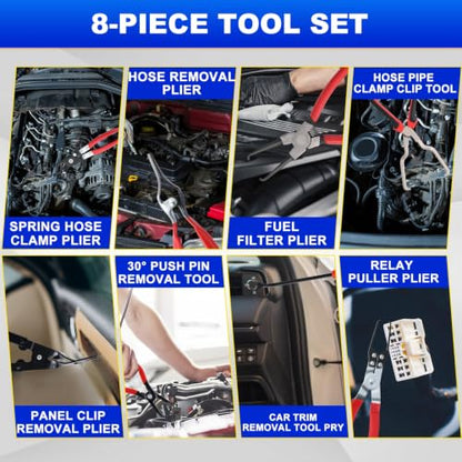 DASBET 8-Piece Fuel Line Disconnect Tool Set, Automotive Fuel Line & Hose Clamp & Removal Pliers with Electrical Disconnect Pliers, Push Pin Tools, Relay Puller, Panel Clip Remover & Filter Caliper