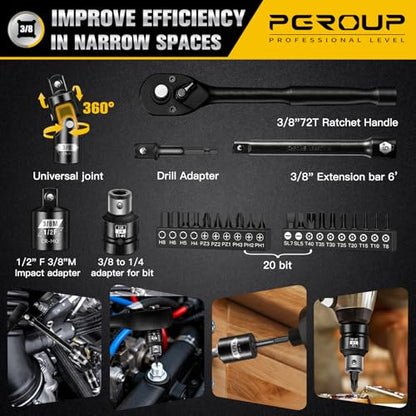 3/8 Inch Drive Impact Socket Set, 72 PCS Standard SAE(5/16"- 3/4") & Metric(8-22mm) With Spark Plug, 6 Point Deep & Shallow, 72T Wrench Ratchet Tool Kit, Cr-V With Heavy Duty Storage Case