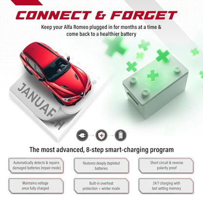 JMR 12V Battery Charger for Alfa Romeo, 12V Cig. Port, Add Lithium Mode | Trickle Charger Conditioner Maintainer For Stelvio Giulia Giulietta Tonale 4C MiTo 8C Brera 159 GT 147 166 156 All Models - size: Add Lithium Mode