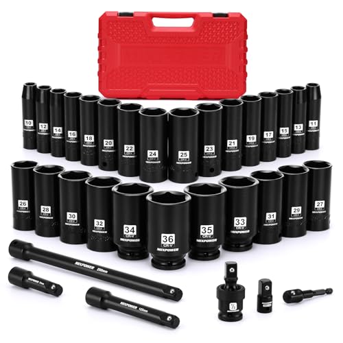 MIXPOWER 33 PCS 1/2” Drive Impact Socket Set, 10 to 36mm Deep Socket, 6-Point Hex Socket with Portable Case,Metric,CR-V&CR-MO Steel - size: 33 PCS(10MM-36MM)
