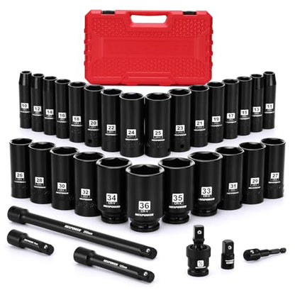 MIXPOWER 33 PCS 1/2” Drive Impact Socket Set, 10 to 36mm Deep Socket, 6-Point Hex Socket with Portable Case,Metric,CR-V&CR-MO Steel - size: 33 PCS(10MM-36MM)