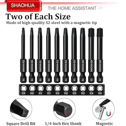 10PCS Square Drill Bit, 2.36" Magnetic Head Robertson Screwdriver, 1/4 Inch Hex Shank Square Bit Set Sizes #0,1,2,3 and #4, PREMIUM S2 Alloy Steel Robertson Driver Bits, Pocket Hole Screw Drill Bit - style: B. Square Screwdriver Bits