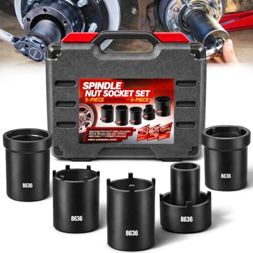 Spindle Nut Socket Tool Kit, 5Pcs Axle Hub Lock Nut Socket Set 1/2” Drive for Ford Dana 44/50/60, F250, F350, Chevy, GM, w/Storage Case, 648636 Lug Out Spindle Sockets Remover Installer Set