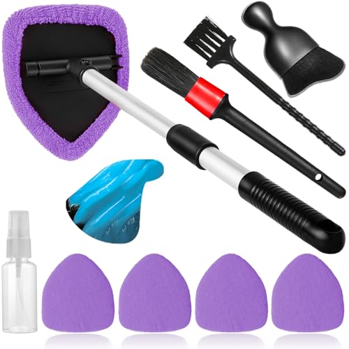 Qydipclin 10pcs Windshield Cleaner Tool, Car Window Cleaning Wash Kit with 4 Reusable Microfiber Pads 1 Spray Bottle and Extendable Handle Auto Glass Wiper Kit, Purple - color: Purple