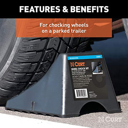 CURT 22800 Black Plastic Wheel Chocks, Vehicle, Trailer, Truck, RV, 2-Pack
