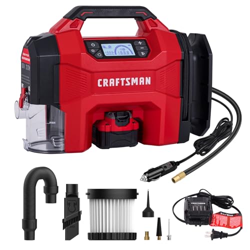 CRAFTSMAN 3-in-1 Tire Inflator Portable Air Compressor 160 PSI with Battery | Cordless pump/Car Vacuum/Dust Blower with 4.0Ah Battery & 12V Charger & LED Light for Car, Bike, Ball, Inflatable Mat & SUP - size: Battery & Charger Included