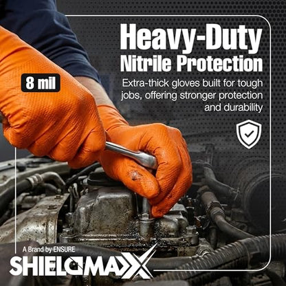 ShieldMaxx Heavy Duty Nitrile Gloves – 8 Mil Orange Industrial Glove Powder Latex Free Non-Sterile Diamond Texture Grip - size: XX-Large (Pack of 100)