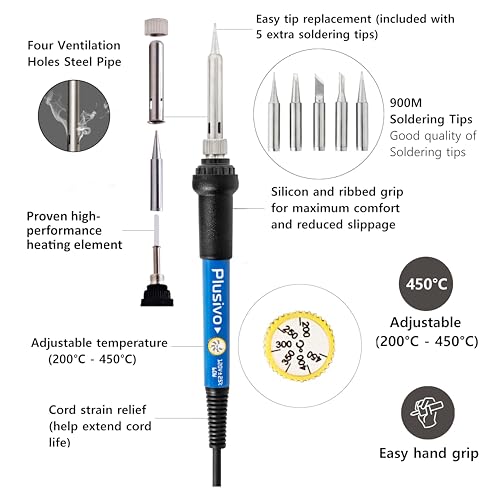 Soldering Iron Kit, 60W Soldering Iron, 5 Soldering Iron Tips, 21-in-1 Adjustable Temperature, Solder Wire, Stand, Desoldering Pump, Soldering Welding Iron Kit for Electronics Hobby DIY 110V US Plug - color: Black and Red