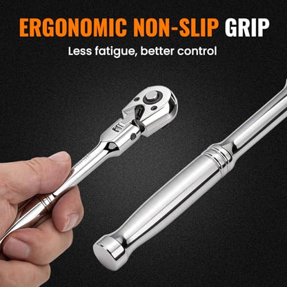 Flex Head 1/2" Drive Ratchet Wrench, 90T Long Handle Ratchet, Quick-Release Reversible with Cr-Mo Head and 5" Extension Bar for High Torque & Tight Spaces - size: 1/2"