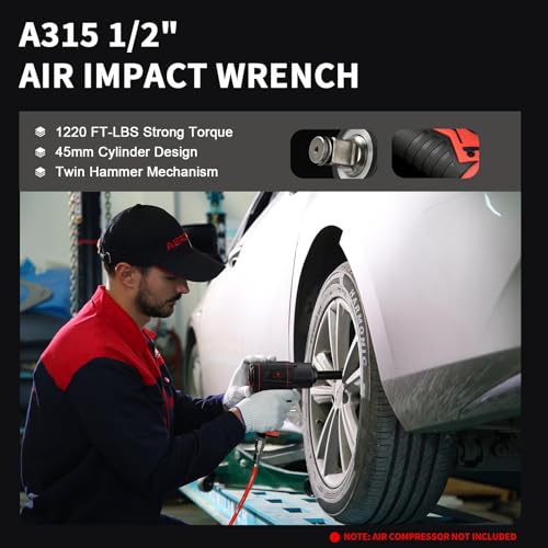 AEROPRO TOOLS 1/2-Inch Composite Air Impact Wrench(A315), Twin Hammer, 1220 FT-LBS Max Loosening Torque, 8000RPM, Pneumatic Impact Gun, for Auto Repair, Tire Shop (Lightweight Housing) - style: 1220 ft-lbs | Lightweight Housing