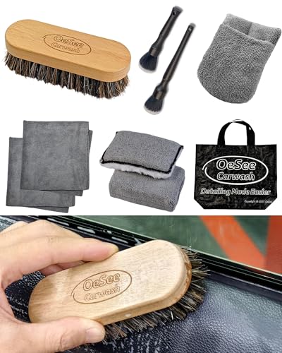 PRO Car Interior Cleaning Kit (9-Piece) - Deep Clean Tools for Leather, Dashboard & Upholstery | Boar Bristle Brush, Dual-Sided Scrub Sponge, Microfiber Towels, Polish Scrub Mitt, Detailing Brushes