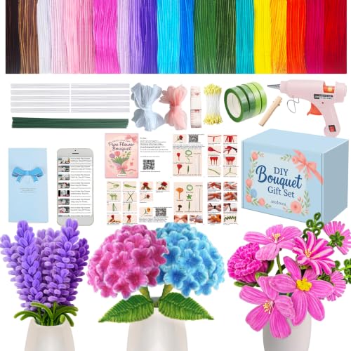 1300Pcs Pipe Cleaner Flower Kit with Hot Glue Gun & Video Tutorials- DIY Bouquet Making Set - Easy Craft Supplies for Adults, Seniors, Nursing Homes, Summer Crafts & Teacher Appreciation Gift - color: multicolored