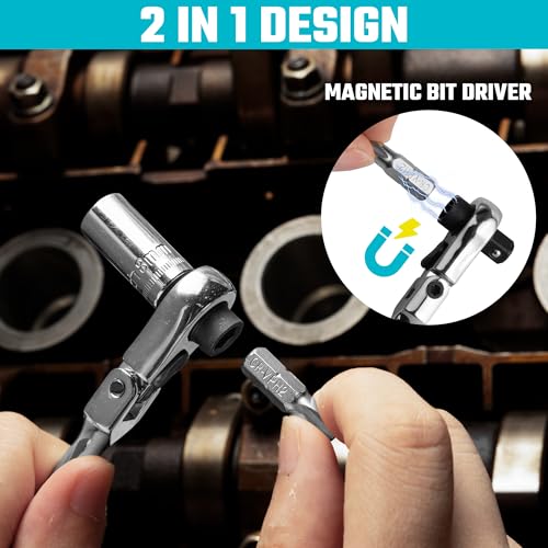DURATECH 33-Piece 1/4" Drive Socket and Ratchet Set | 2 in 1 Flex Head Ratchet with Magnetic Bit Driver, CR-V Steel Sockets & Bits, Storage Case - size: 33pcs Set