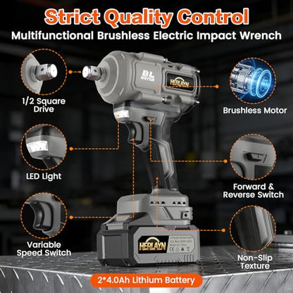 1/2" Cordless Impact Wrench MAX1760N.m Brushless, Dual 4.0Ah Battery - color: Grey