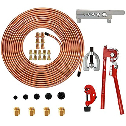 MuHize 25 ft 3/16 Inch Copper Coated Brake Line Kit | Include Fittings, Unions, Bender, Flare Tool and Cutter - size: Gold Brake Line Tool Kit with Tube Cutter(No Box)