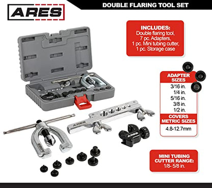ARES 18019 - Double Flaring Tool Set with Extra Adapters- Use on Copper, Aluminum, Soft Steel Brake Line and Brass Tubing - Includes Mini Tubing Cutter and Storage Case - size: Double Flaring Tool Set