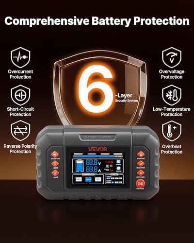 VEVOR Smart Battery Charger, 25A, 6V 12V 24V Ternary Lithium LiFePO4 Lead-Acid (Gel/AGM) Battery Charger, with 3.4-Inch LCD Display, Trickle Charging Maintainer Desulfator, for Car, Boat, Motorcycle - size: 25A