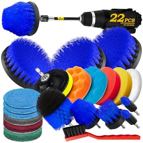 Holikme 22Pack Drill Brush Attachments Set, Scrub Pads & Sponge, Buffing Pads, Power Scrubber Brush, Car Polishing Pad Kit,Wax Applicator Pad,Car Cleaning Kit,Cleaning Supplies,Masonry Brushes(Blue) - color: Blue