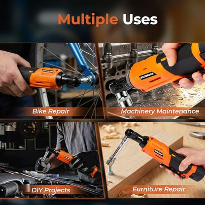 3/8" Cordless Ratchet Wrench, Compact 12V Kit, Orange1 | Electric socket wrench for light to medium DIY and garage jobs with LED light, safety lock, 2 batteries, 7 sockets and case