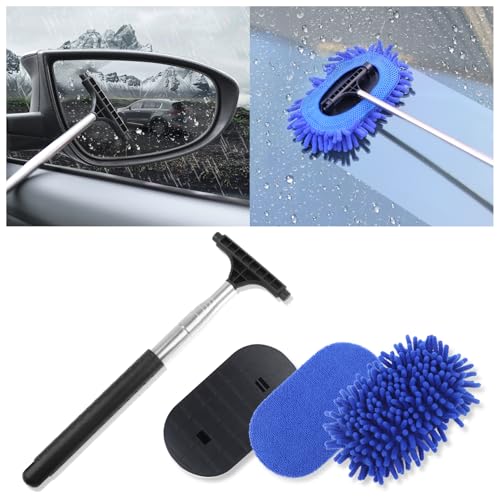 Car Windshield Cleaner Tool,3 in 1 Car Window Cleaner Tool Kit with Retractable Handle & 2 Re-Usable Microfiber Pads,180° Swivel Cars Cleaning Tools for Auto Outside/Inside