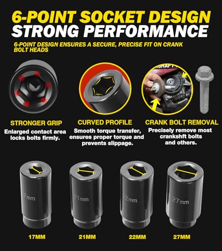 4 Pack Crank Bolt Socket Set, 17MM, 21MM, 22MM, 27MM, Harmonic Balancer Socket Set, 1/2-Inch Metric Deep Impack Socket Kit Set, 3 Times Momentum Power of Standard Impact Sockets