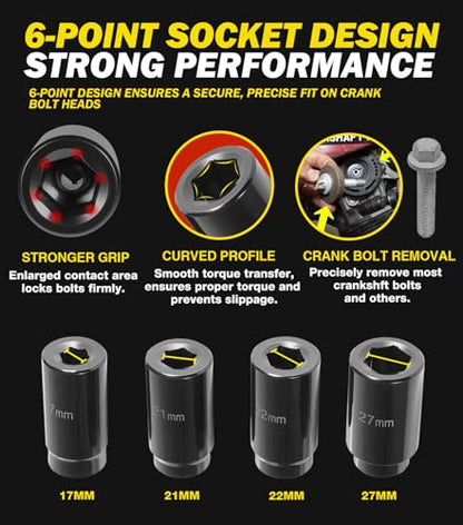 4 Pack Crank Bolt Socket Set, 17MM, 21MM, 22MM, 27MM, Harmonic Balancer Socket Set, 1/2-Inch Metric Deep Impack Socket Kit Set, 3 Times Momentum Power of Standard Impact Sockets