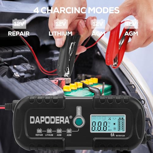 Car Battery Charger, 12V 6A Smart Battery Trickle Charger Automotive 12V Battery Maintainer Desulfator with Temperature Compensation for Car Motorcycle Mower Marine Lead Acid Batteries