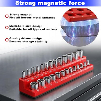 Magnetic Socket Organizer Set, 2-Piece SAE & Metric Socket Holders, Holds 52 Standard & Deep Sockets for Tool Drawers, Tool Carts (Sockets Not Included) - size: 2Pcs Socket Organizer