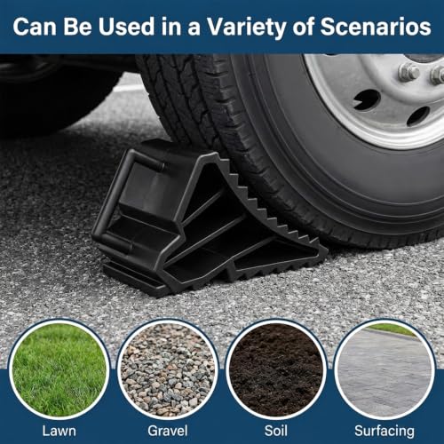 4 Pack Wheel Chocks, Tire Chocks for RV Trailer Camper Car Truck | Rubber Tire Stopper Wheel Block Stopper with Handles for Tire, Strong RV Wheels Chock RV Trailer Accessories, Black