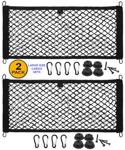 [2 Pack] JAVOedge Large Cargo Net for Car, SUV, Truck, RV, Boat – Elastic Storage Mesh Organizer with Built‑in Hooks, 8 Screws & 8 Carabiners – Heavy‑Duty Trunk Cargo Net & Vehicle Storage Bag - size: Large (21.9 Inches x 13.7 Inches)