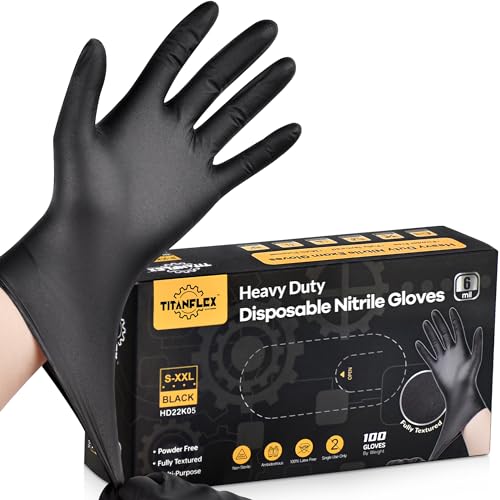 TitanFlex Heavy Duty Black Nitrile Gloves, 6 Mil, Fully Textured, Mechanic Disposable Gloves, Latex Free, Powder Free - color: 02 Black (M, 100ct)