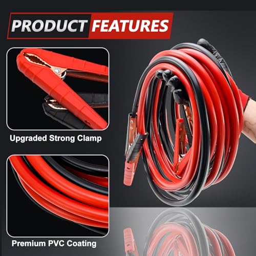 Automative Jumper Cables,1 Gauge 2000AMP 25FT, Commercial Grade Automotive Booster Cables for Jump Starting Dead or Weak Batteries, Heavy Duty Booster Cable for Car Van Truck - size: 1 Gauge - 25FT