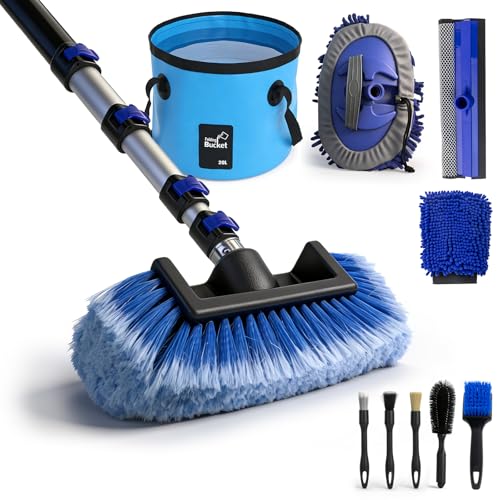 20FT Car Wash Brush with Long Handle - Car Cleaning Kit with 8 Attachments, 180° Rotating Mop, Foldable Bucket, Scratch-Free Soft & Hard Brushes for Cars, Trucks, SUV, RV, Home Windows & Siding - size: 20FT