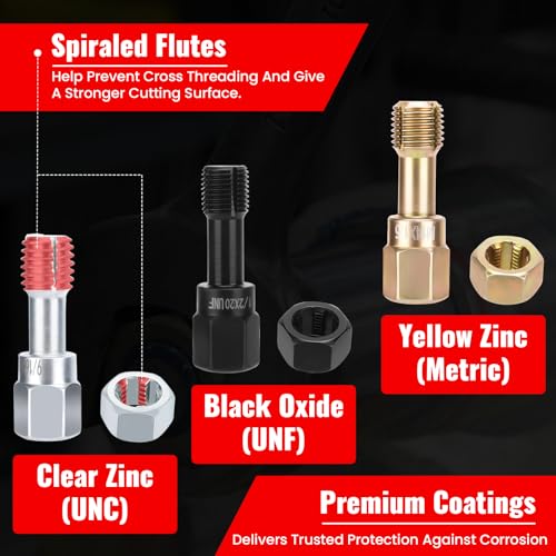 48PCS Thread Chaser Set, Metric SAE Thread Restorer Kit, Thread Repair Kit with 22 Taps 24 Dies 2 Thread Files for Wheel Stud, Spark Plug, Engine, Standard Screw Threading UNC UNF with Case