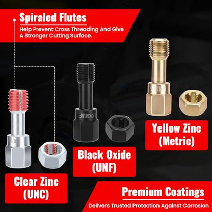 48PCS Thread Chaser Set, Metric SAE Thread Restorer Kit, Thread Repair Kit with 22 Taps 24 Dies 2 Thread Files for Wheel Stud, Spark Plug, Engine, Standard Screw Threading UNC UNF with Case