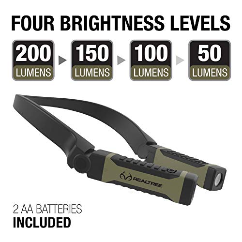 Realtree Alkaline Neck Light for Hands-Free Lighting with high and Low Brightness Modes Great for Camping Light, Hunting Light, Working Light and More, Green