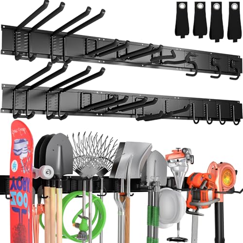 99" Garage Tool Organizer Wall Mount, 28 Pack Heavy Duty Wall Mount Garage Storage Rack Carries1000 lbs, Metal Wall Mount Tool Hanger for Shovels, Rakes, Fits 16" Wall Studs (6 Panels) - size: 99" | 6 Panels+18 Hooks+4 Straps