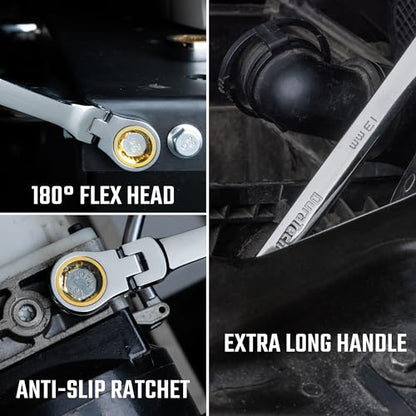 DURATECH Extra Long Anti-Slip Flex-Head Ratcheting Wrench Set, Metric | Double Box End Wrench Set, CR-V Steel, 8x9mm, 10x11mm, 12x13mm, 14x15mm, 16x18mm, 17x19mm, with Pouch - size: 8-19mm set