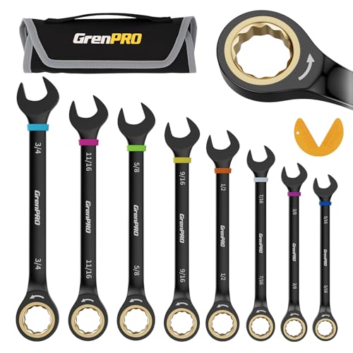 GRENPRO Ratchet Wrenches Set, Ratcheting Wrench Set, 9PC Sae 5/16 to 3/4 72Th Long Box Open End Ratchet Wrench Organizer With Color Ring With Roll Up Pouch With Gauge, Big Combination Wrench Tool Sets - style: 9PC SAE Ratchet Wrenches Set With Color Ring