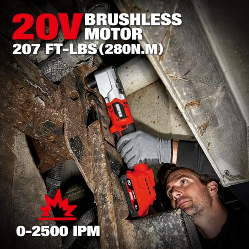 Alloyman 20V Brushless Right Angle Impact Wrench, 207 Ft-lbs（280N.M）,1/2'' High Torque Cordless Power Tool with 2×2.0Ah Batteries, LED Light, 2-Speed Control, Compact 90° Design for Tight Spaces