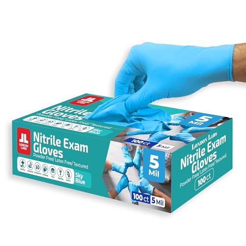 London Labs 5 Mil Nitrile Exam Gloves Disposable Latex Free | Medical Rubber Gloves for Doctors, EMT & Cleaning - color: Sky Blue - 100 Count, size: X-Small