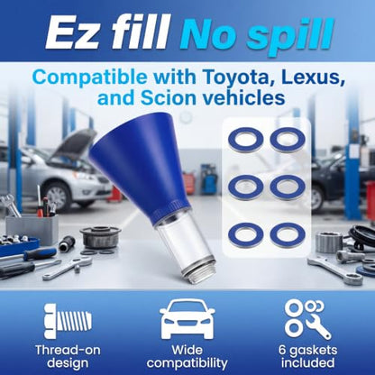 Feekoon Funnels for Automotive Use, Engine Oil Change Tool with 6 Oil Drain Plug Gaskets, Compatible with Toyota/Lexus/Scion/Camry/Corolla/RAV4/Tacoma/Sienna/Tundra/RX350