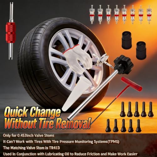 Valve Stem & Core Removal Replacement Tool Kit,Tire Valve Stem Installation Tool without Tire Removal, 2-in-1 Valve Stem Caps & Core Wrench,With 5 TR413/5 TR414, for Cars Motorcycles Lawn Mowers ATVs