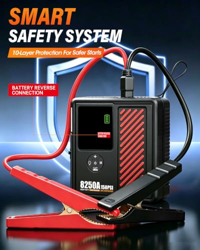 JFEGWO 8250A Jump Starter with 150PSI Air Compressor, 12V Car Battery Booster, 24000mAh Portable Tire Inflator for 12L Gas/10L Diesel, LED Display, LED Light, Storage Case, Jumper Cables