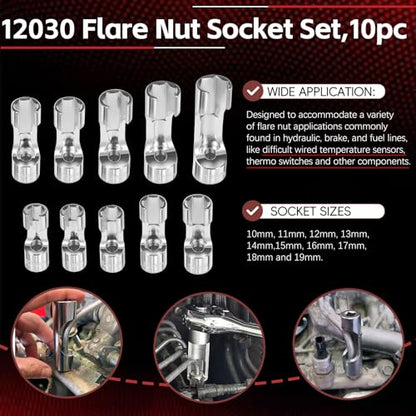12030 Flare Nut Socket Set, 10pc, 10-19 mm 3/8" Drive Diesel Injector Fuel Line Socket Wrench Set for Fastener on Wired Temperature Sensors, Thermo Switches, ABS Tube, Master Cylinder, Coolant, etc