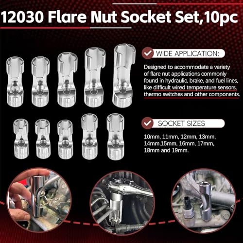 12030 Flare Nut Socket Set, 10pc, 10-19 mm 3/8" Drive Diesel Injector Fuel Line Socket Wrench Set
