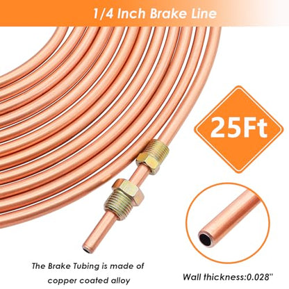 25 ft 1/4Inch Copper Coated Brake Line Kit(Includes 24 Fittings and 4 Unions) with Double & Single Flaring Tool Kit - size: 1/4 Inch Gold, style: Brake Line Kit